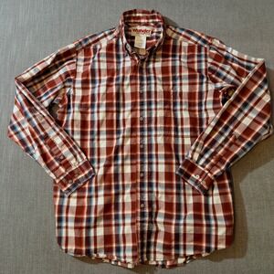 Wrangler Rugged Wear Plaid Long Sleeve Button Shirt Men's Large Red Blue White